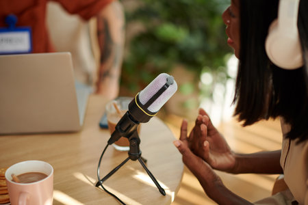 Young Black woman expressing her opinion when talking to podcasterの写真素材