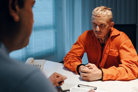 Aggressive criminal looking at detective interrogatingの写真素材