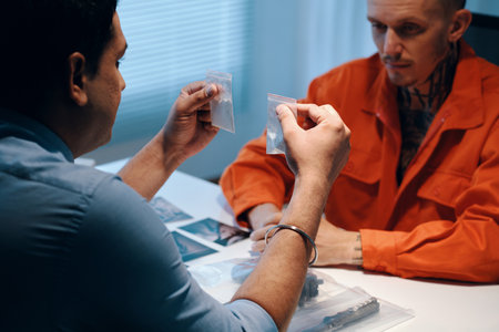 Police officer showing arrested criminal two bags with white powderの写真素材