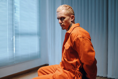 Frustrated arrested criminal in orange uniform waiting for attorney in interrogation roomの写真素材