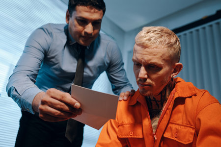 Criminal looking at photo in hand of police officer when they are talking inの写真素材