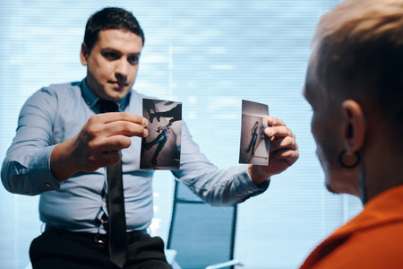 Policesman showing suspect two survilance camera footage screens of killed victimの写真素材