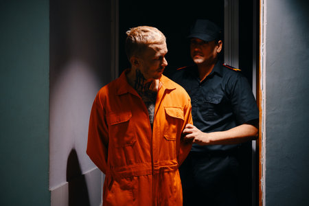 Police officer walking arrested suspect to courtroomの写真素材