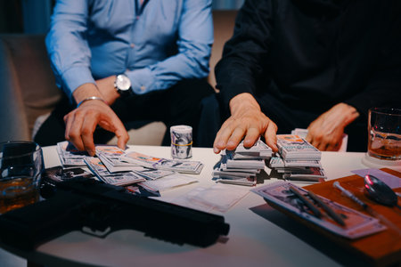 Hands of criminals counting money after bank robberryの写真素材