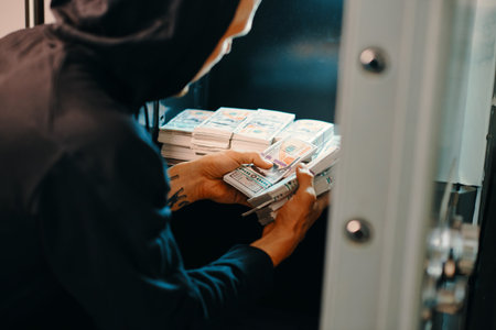 Thief stealing money from safe in office of big companyの写真素材