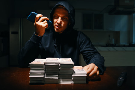 Thief sitting at table in dark room, looking at pile of money and recording voice message