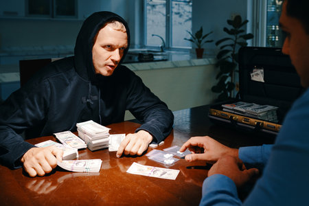Man paying briefcase full of money for drugsの写真素材