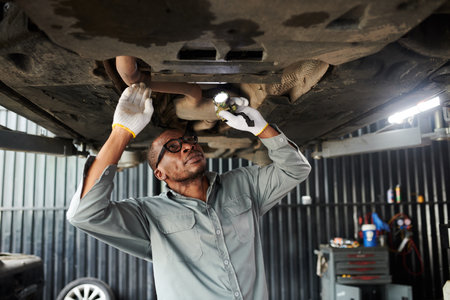Mechanic with flashlight examining bottom of suspended carの写真素材