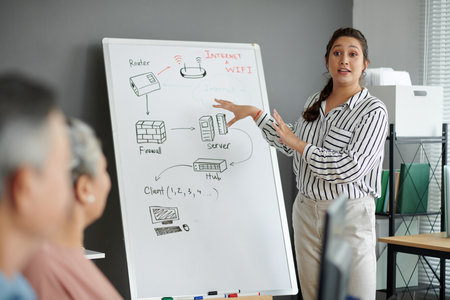 Young teacher explaining seniors how internet and wireless connection workの写真素材