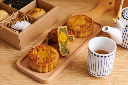 Moon cake with salted egg yolk prepared for mid-autumn festival