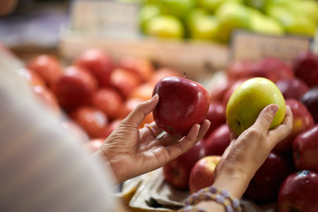 Hands of customer choosing between red and green apples when shopping at marketの写真素材