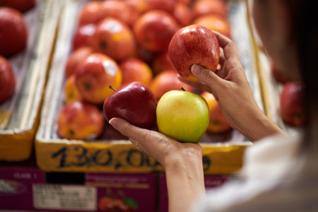 Hands of customer shopping for organic apples at marketの写真素材