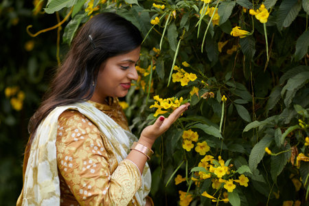 Smiling Indian woman enjoying smell and beauty of flowersの写真素材