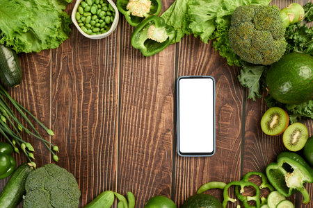 Green veggies and fruits on table and smartphone with empty screenの写真素材