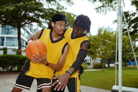 Streetball player with ball in hands attacking opponentの写真素材