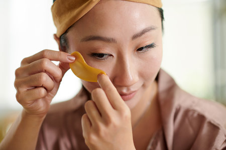 Chinese young woman applying golden under eye hydrogel patchesの写真素材