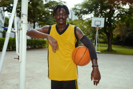 Portrait of player with basketball ball training outdoors