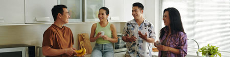 Header with young people gathering in kitchen to have drinks and discuss news