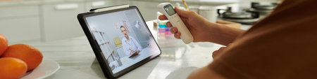 Header with patient video calling physician for online checkup