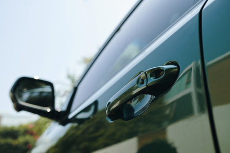 Closeup image of electric car door handleの写真素材