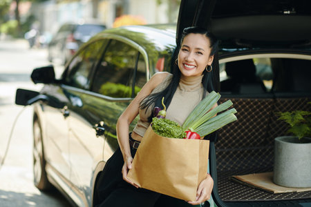 Cheerful Asian woman putting groceries in car trunk