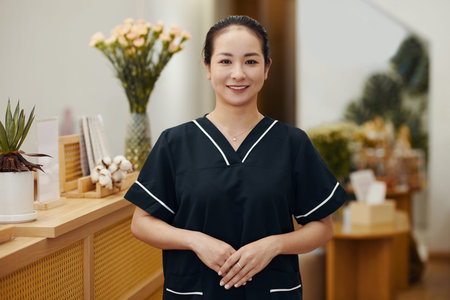 Portrait of smiling spa salon beautician in black uniform