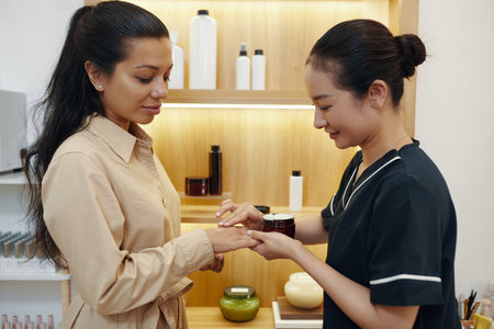 Beautician applying scented body cream on hand of clientの写真素材