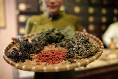Apothecary Holding Tray With Dried Herbsの写真素材