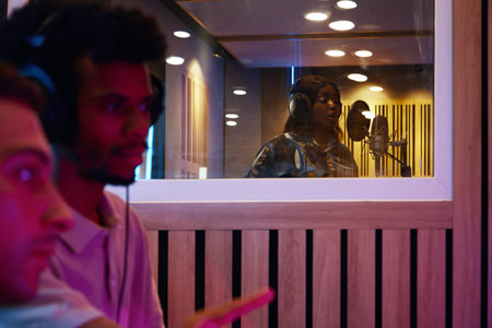 Woman Recording Song With Producers In Studio