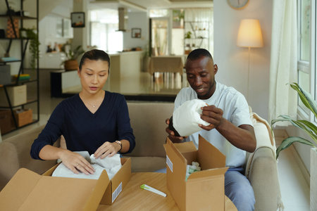 Couple Unpacking Boxes With Goodsの写真素材