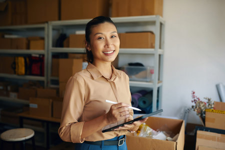 Warehouse Worker Working On Tablet PCの写真素材