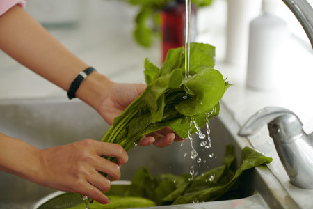 Woman Washing Fresh Greens For Salad