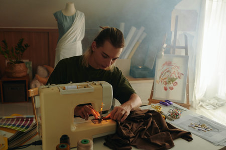 Fashion Designer Working With Sewing Machine