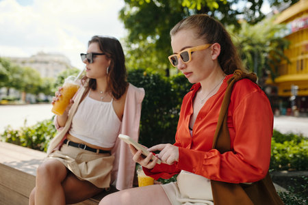 Enjoying Leisure Time Sitting on Park Benchの写真素材
