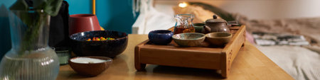 Tea Set On Table In Dorm Room Headerの写真素材
