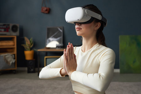 Woman Practicing Meditation Using Virtual Reality Headset