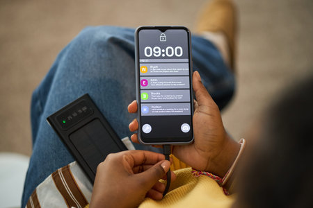 Close-up view of woman holding smartphone showing health reminders on screen. Device connected to...