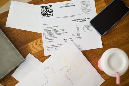 Various documents spread on wooden desk, including smartphone, envelope, and coffee cup with pink lidの写真素材
