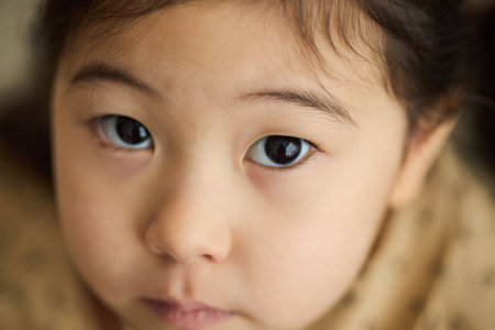 Portrait of young child staring directly into camera with intense and curious expression, showcasing focused and inquisitive lookの写真素材