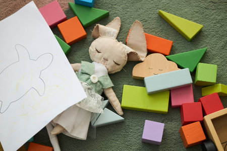Stuffed bunny rabbit and colored wooden blocks arranged on carpet along with sketch of a turtle...