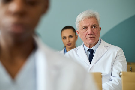 Senior male doctor and young female doctor in white lab coats attentively listening during a critical conversation in hospital setting, background slightly out of focusの写真素材