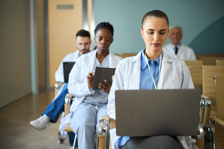 Multiracial medical team attending workshop, engaging with tablets. Background participants focused...