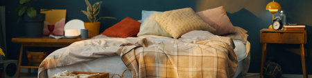 Cozy bedroom setup displaying assorted pillows on bed, with warm soft lighting and various decor...