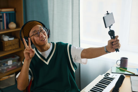 Man holding smartphone on extendable stick while gesturing peace sign and smiling. Wearing casual outfit and headset, sitting at desk in cozy room, showing excitement and positivityの写真素材