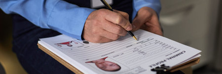 Middle aged Caucasian woman filling out criminal profile form on clipboard, holding pen and writing...