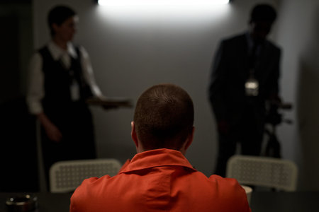 Caucasian young adult man sitting with back to camera wearing prison uniform during interrogation,...