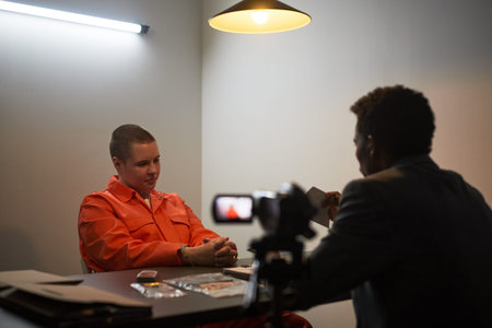 Caucasian young adult man in orange prison jumpsuit sitting at interrogation table handcuffed, Black...