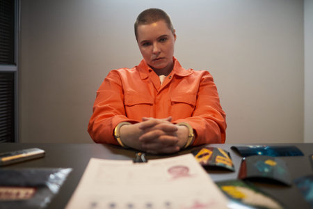 Portrait of young adult Caucasian woman sitting at table in orange prison uniform with hands...