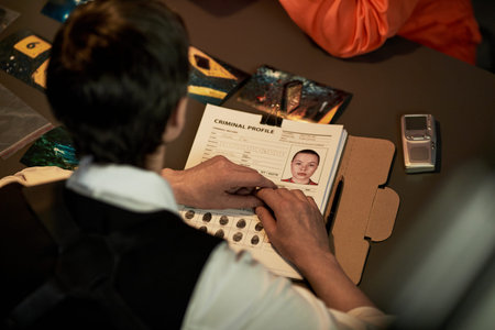 Caucasian young adult woman in uniform reviewing criminal profile document with mugshot and...