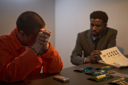 Caucasian young adult man in orange prison uniform sitting handcuffed at table with head bowed and...